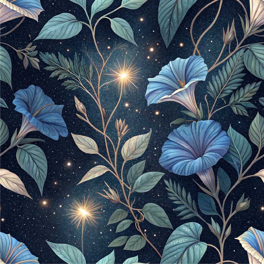 Blue Floral Night Sky Botanical Stars Wildflower Pattern