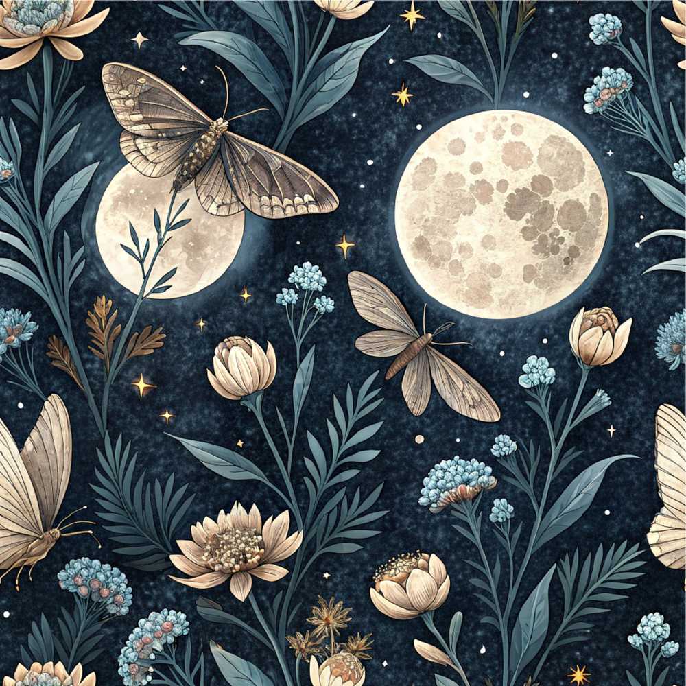 Celestial Moth Full Moon Floral Night Wildflower Pattern Botanical