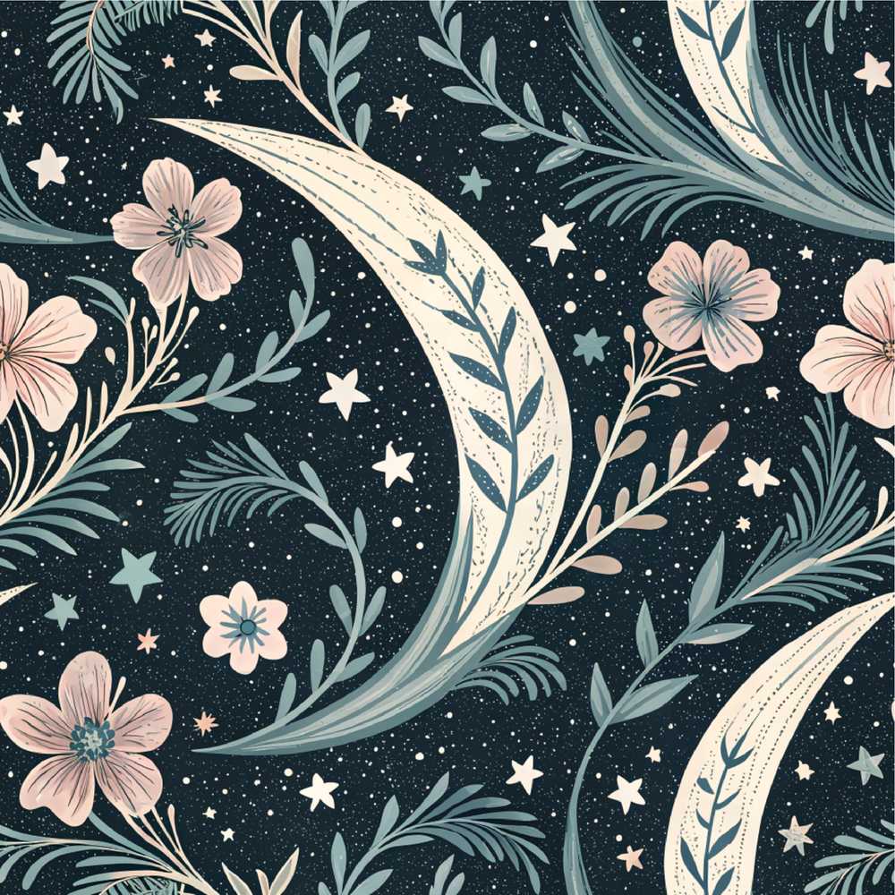 Botanical Crescent Moon Floral Night Wildflower Pattern