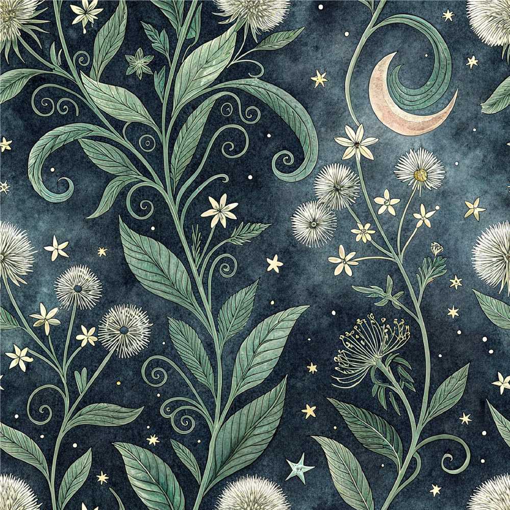 Wild Botanical Floral Moon Night Garden Wildflower Pattern