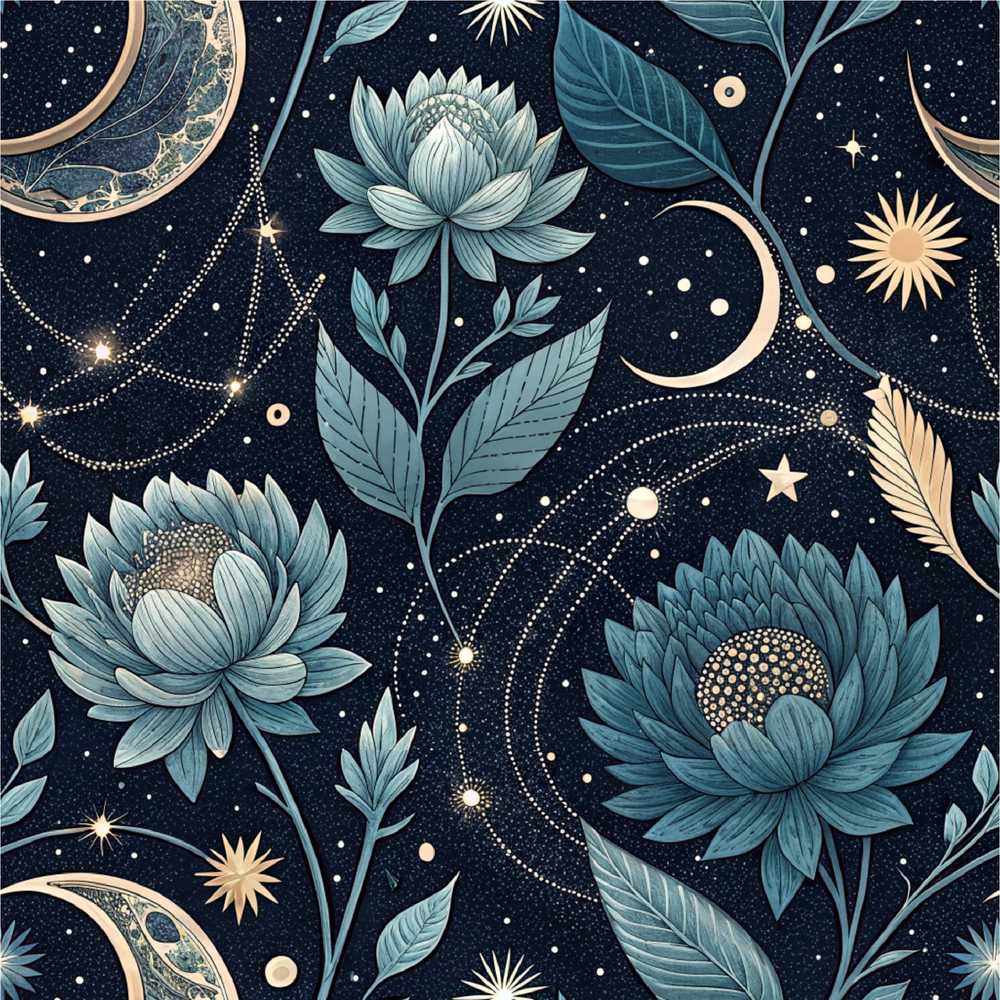 Celestial Lotus Constellation Night Sky Decorative Repeat Pattern