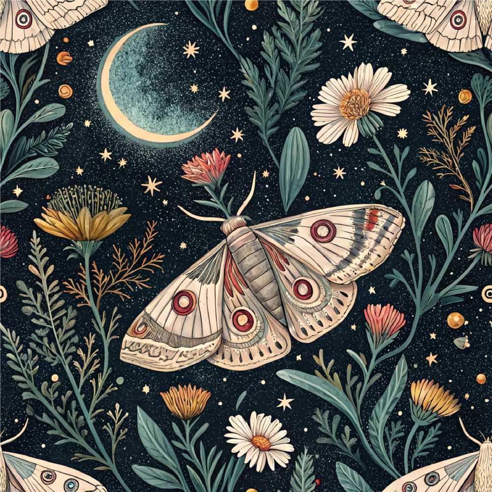 Celestial Moth Crescent Moon Floral Night Wildflower Pattern Botanical