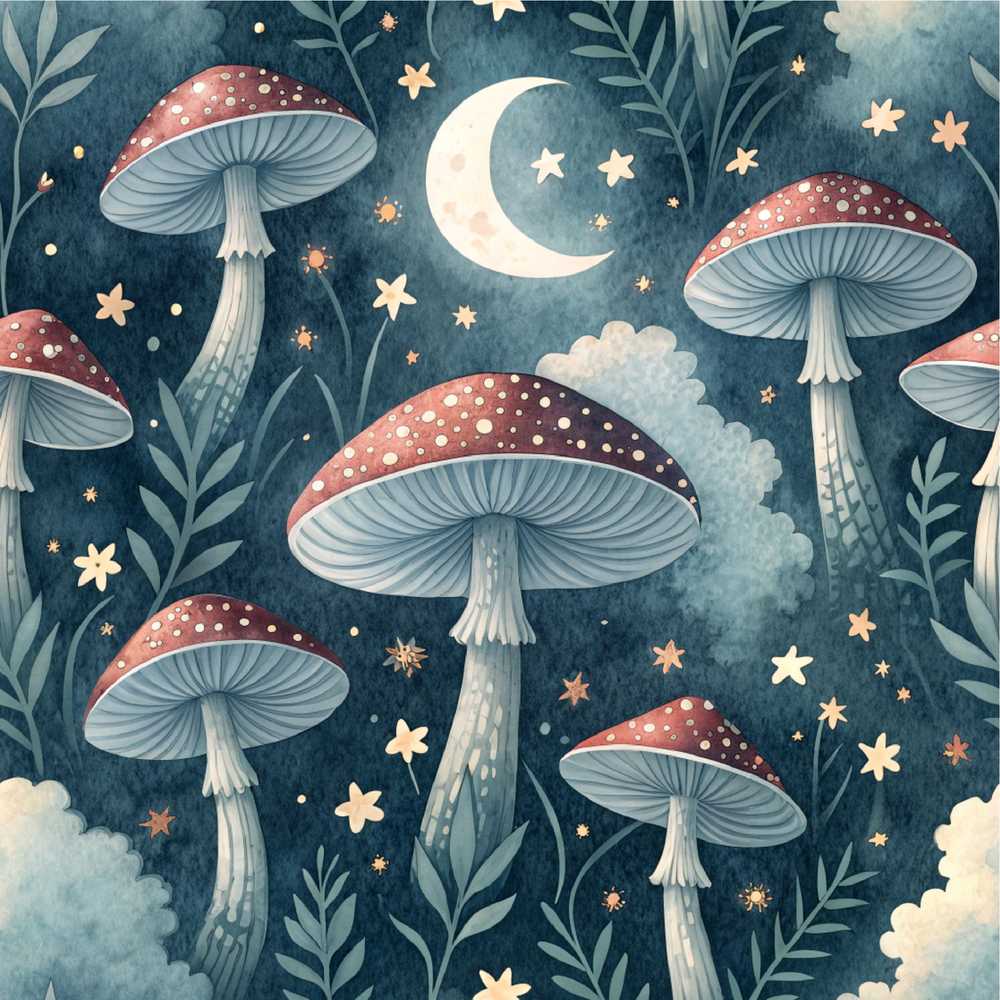 Magical Mushroom Crescent Moon Night Cosmic Illustration Pattern