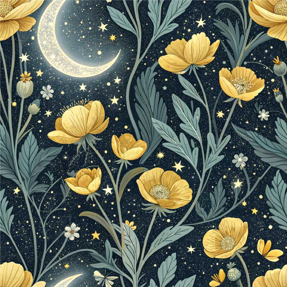 Golden Floral Crescent Moon Night Garden Wildflower Pattern Botanical