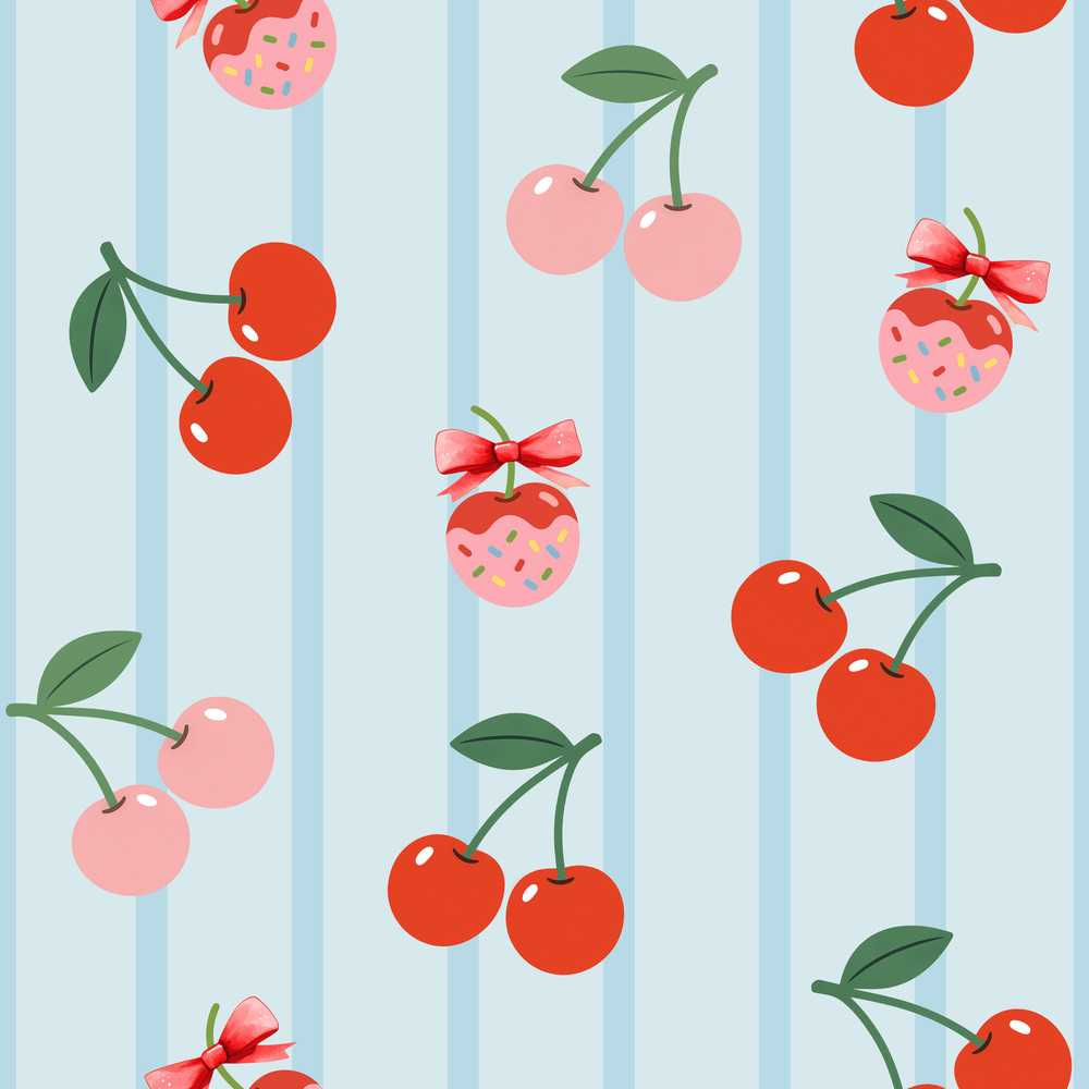 Cherry Fruit Vertical Stripe Blue Background Repeat Pattern