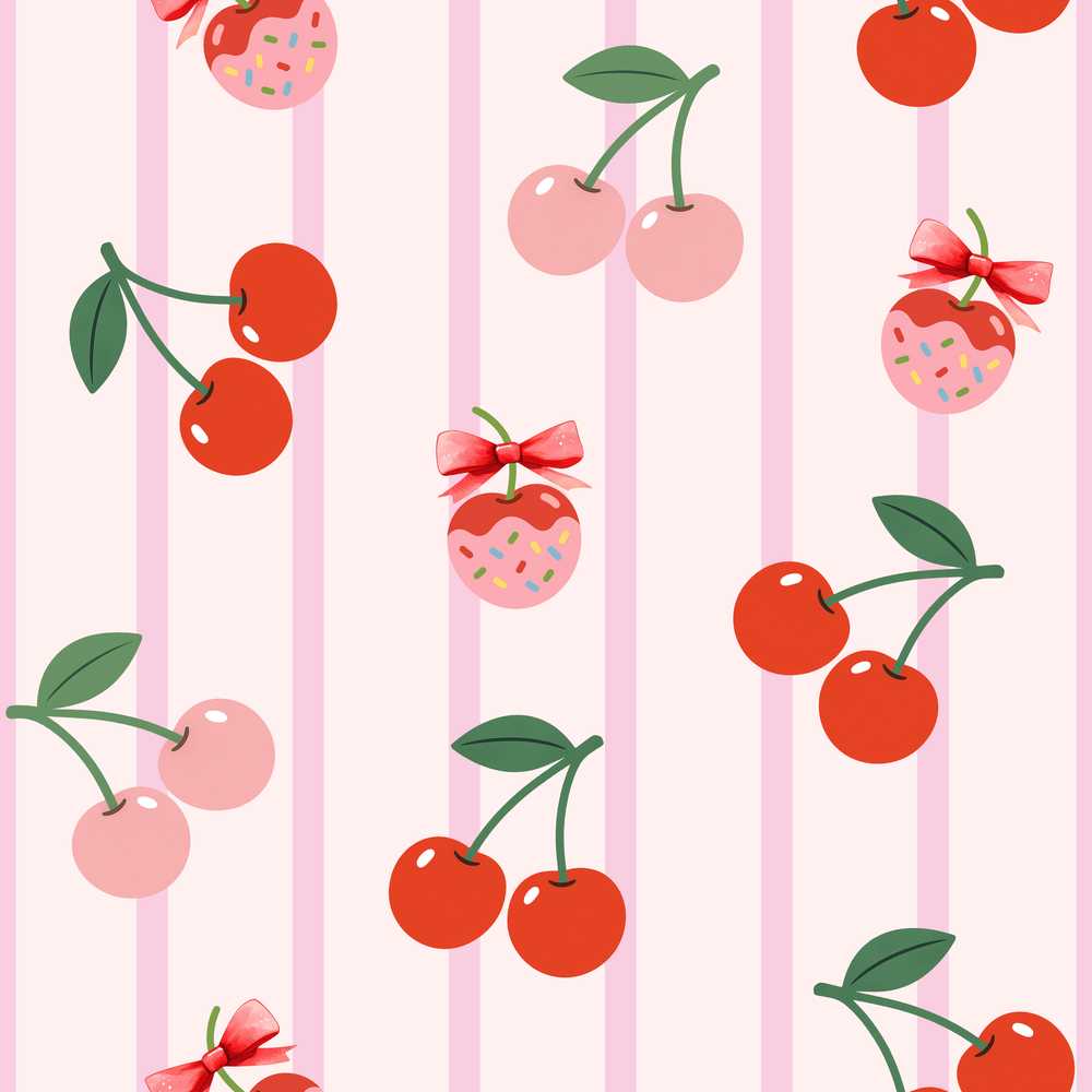 Cherry Fruit Vertical Stripe Pink Background Repeat Pattern
