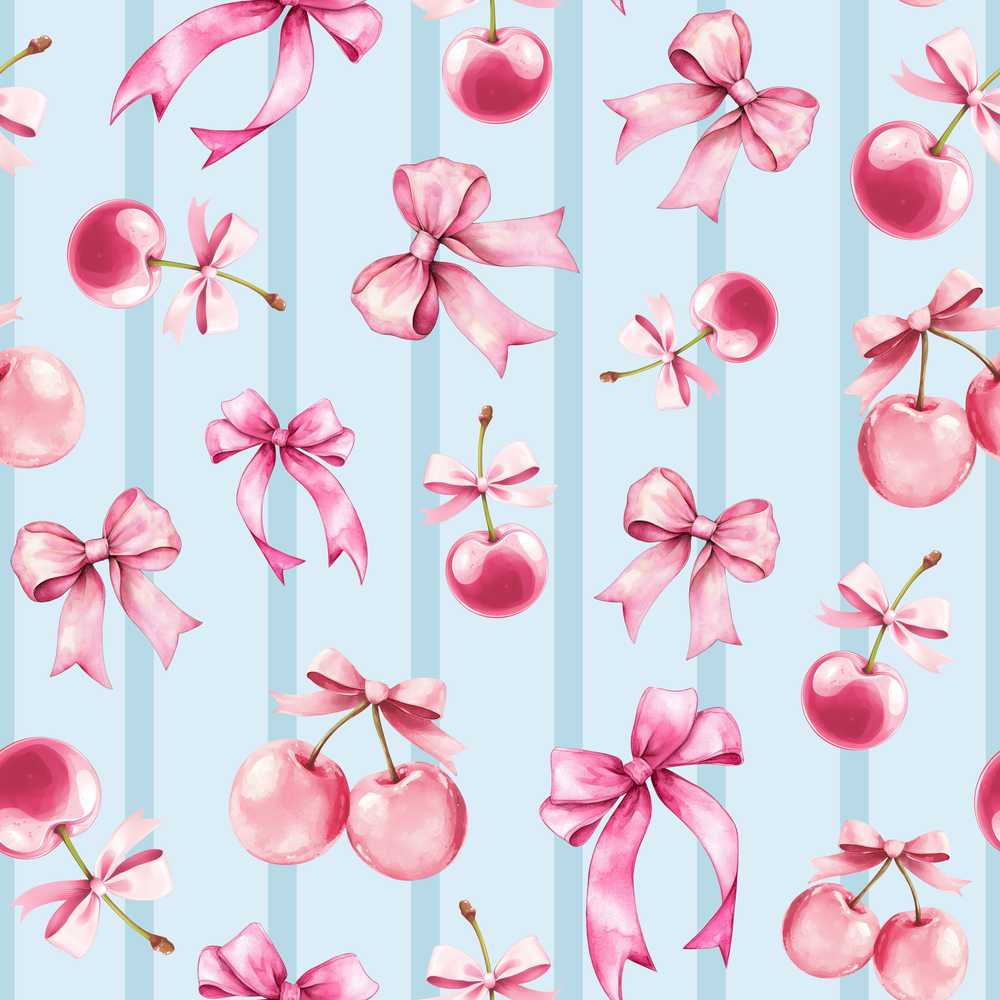 Watercolor Pink Cherry Ribbon Bow Blue Vertical Stripe Background