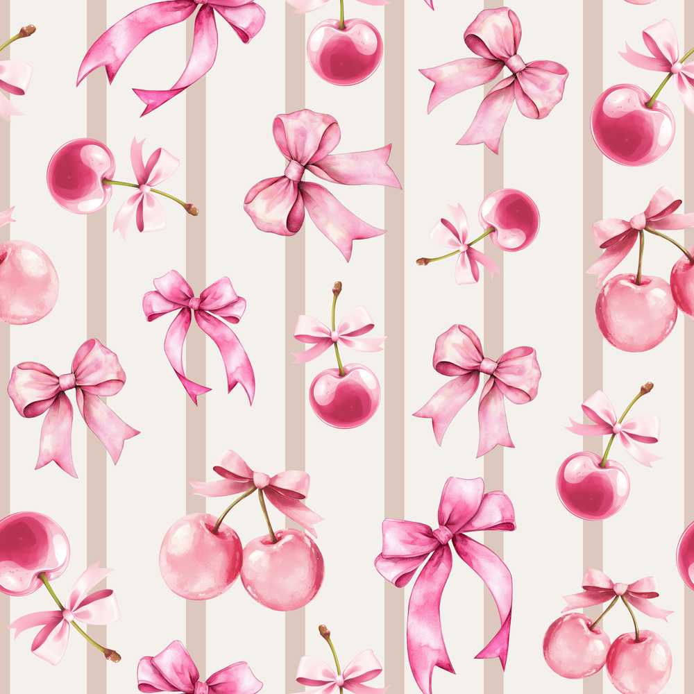 Watercolor Pink Cherry Ribbon Bow Neutral Beige Stripe Background