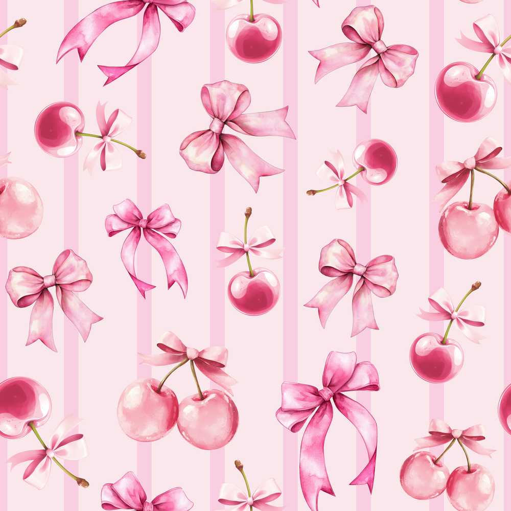 Watercolor Pink Cherry Ribbon Bow Soft Pink Stripe Background