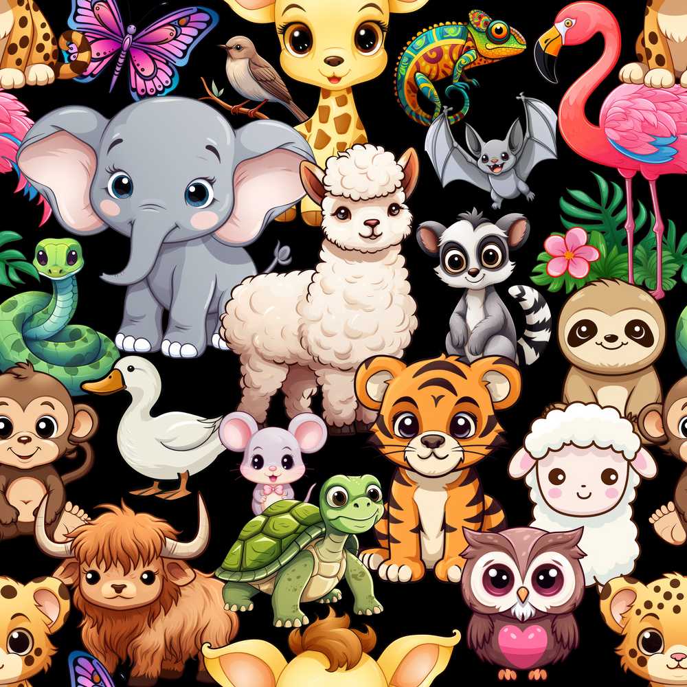 Cute Cartoon Jungle Safari Animals on Black Background