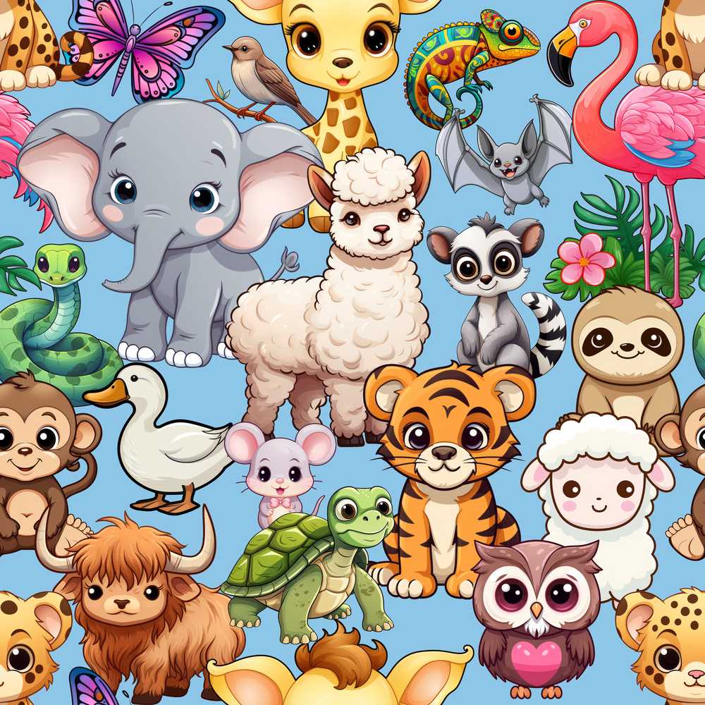 Cute Cartoon Jungle Safari Animals on Blue Background