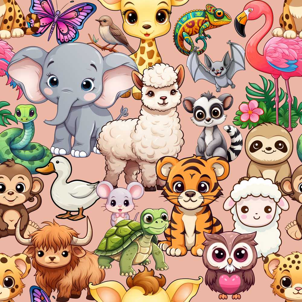Cute Cartoon Jungle Safari Animals on Peach Background