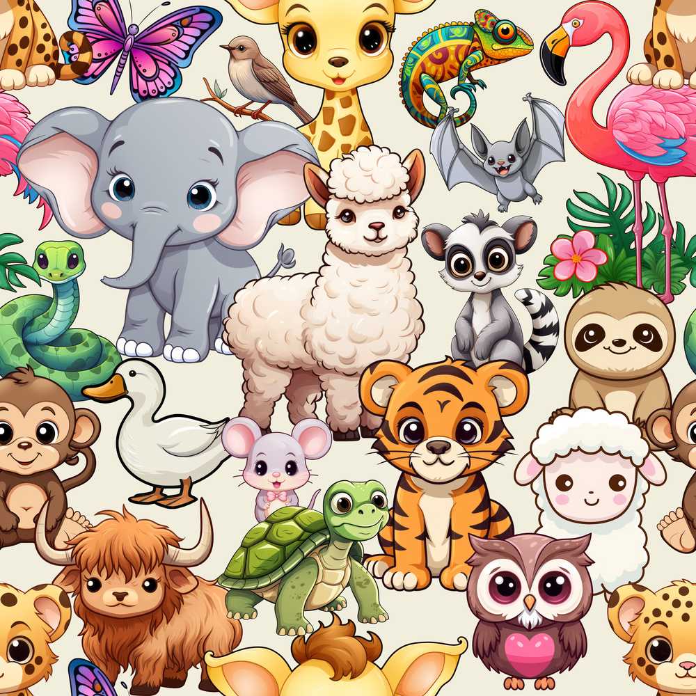 Cute Cartoon Jungle Safari Animals on Cream Background