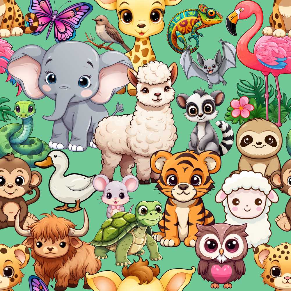 Cute Cartoon Jungle Safari Animals on Green Background