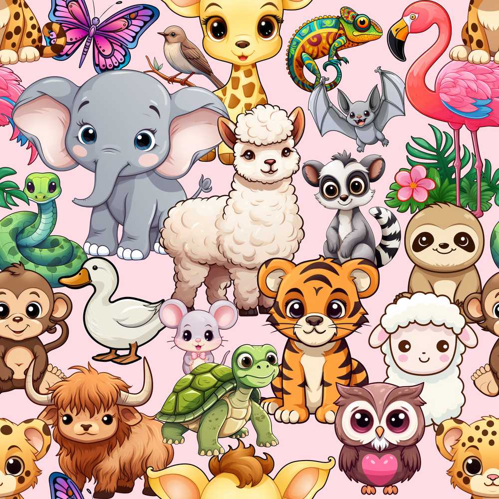 Cute Cartoon Jungle Safari Animals on Pink Background