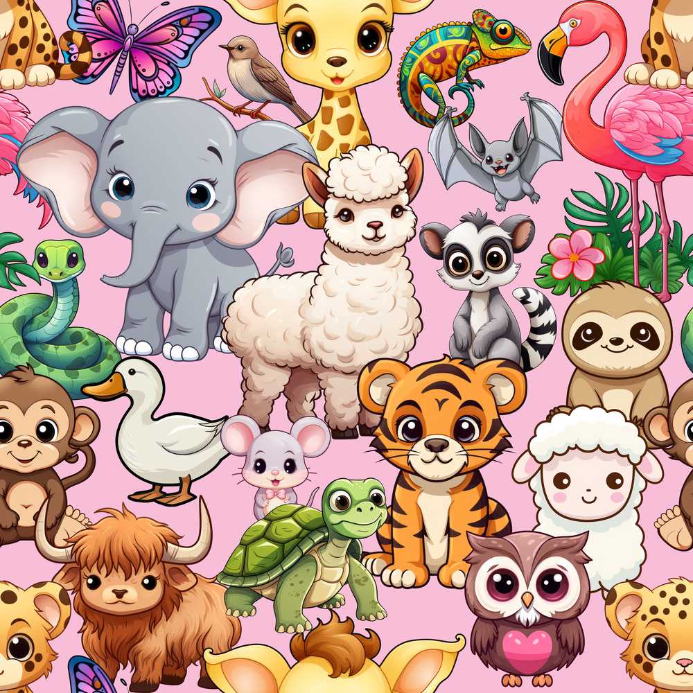 Cute Cartoon Jungle Safari Animals on Light Pink Background