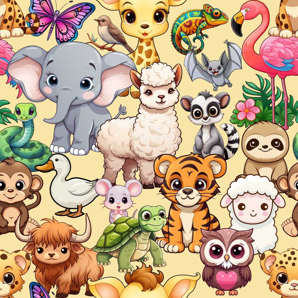 Cute Baby Safari Jungle Animals Illustration Repeat Pattern
