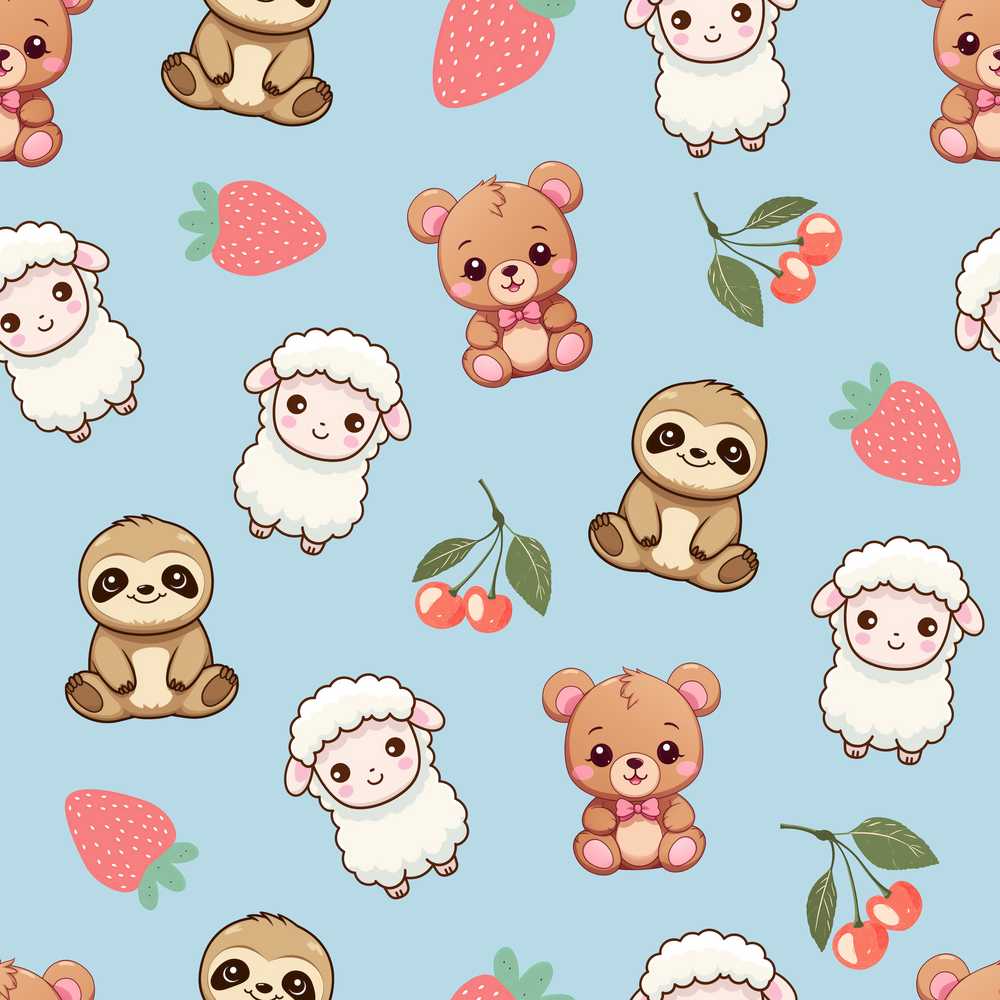Cute Bear Sloth Lamb Cherry Strawberry on Sky Blue
