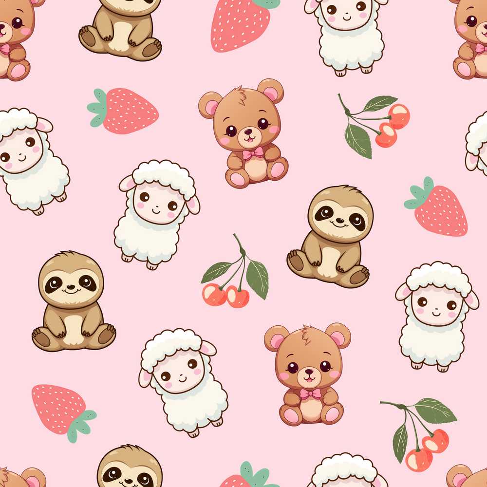 Cute Bear Sloth Lamb Cherry Strawberry on Light Pink