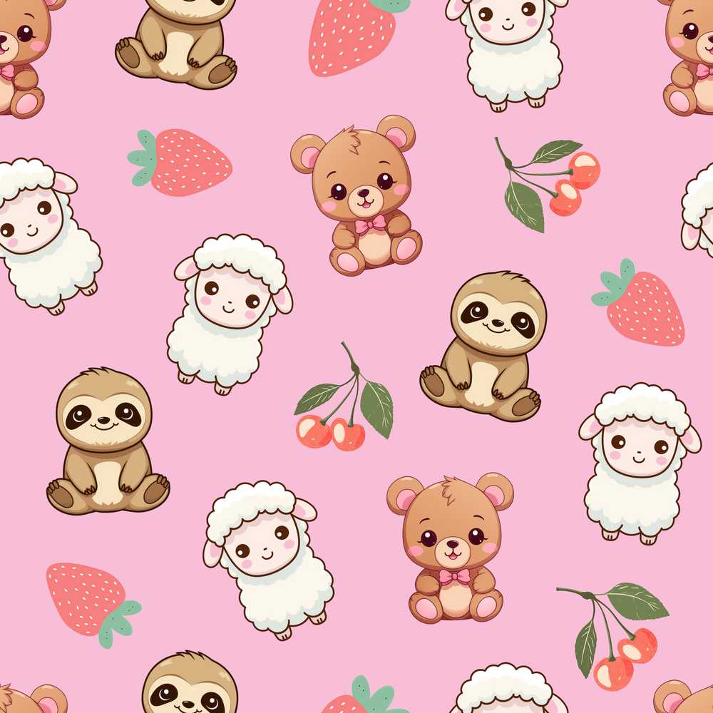 Cute Bear Sloth Lamb Cherry Strawberry on Pink