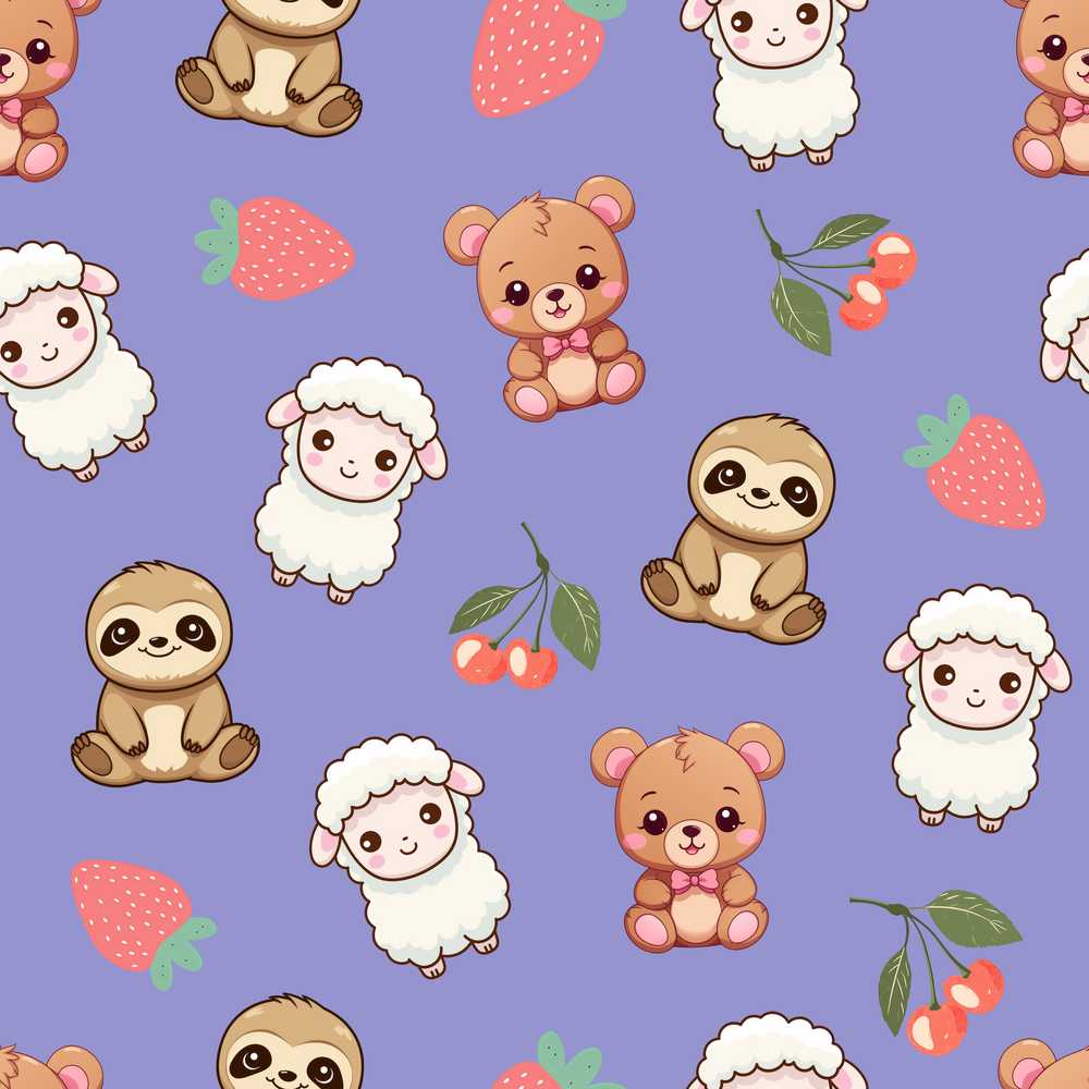 Cute Bear Sloth Lamb Cherry Strawberry on Lavender