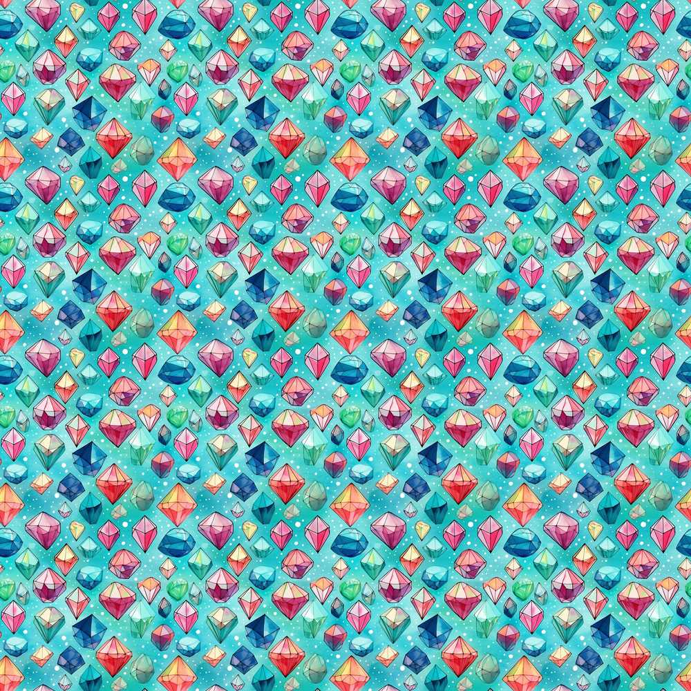 Colorful Gem Crystal Diamond on Teal Background Repeat
