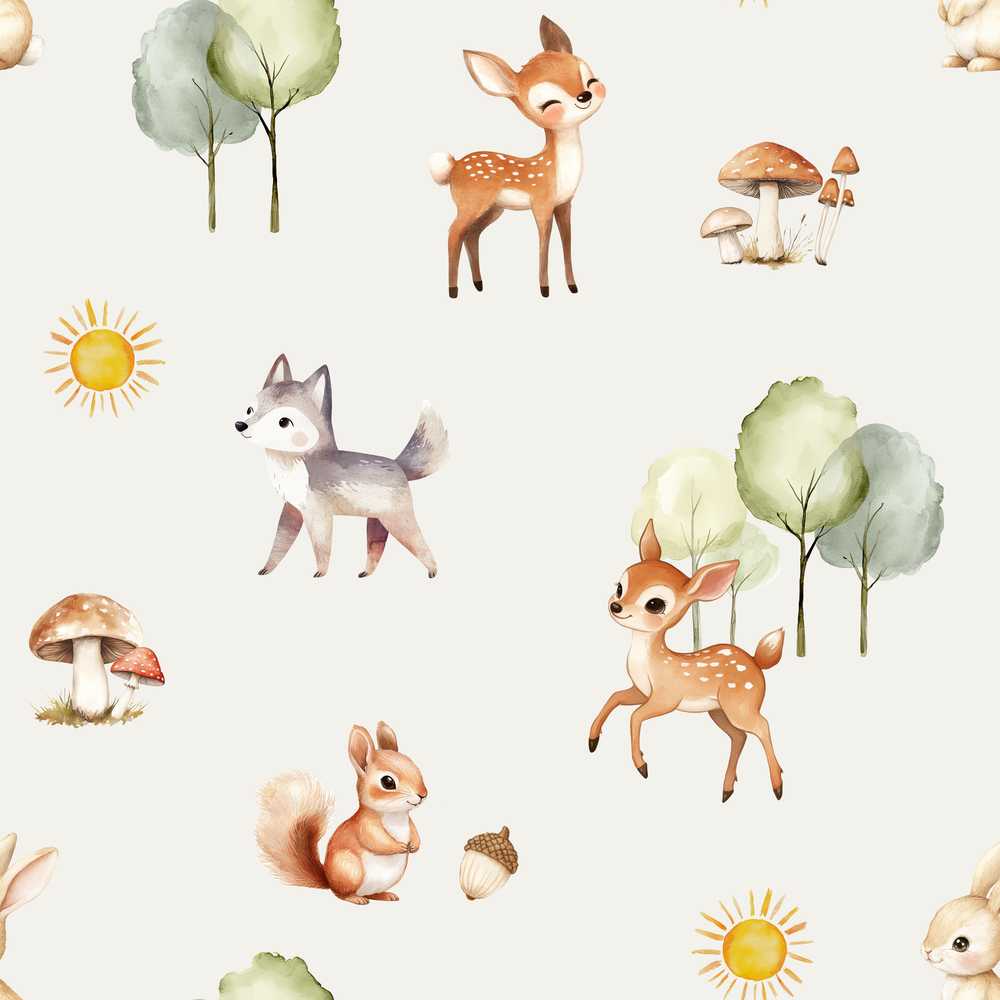 Cute Woodland Deer Fox Mushroom on Light Grey Background