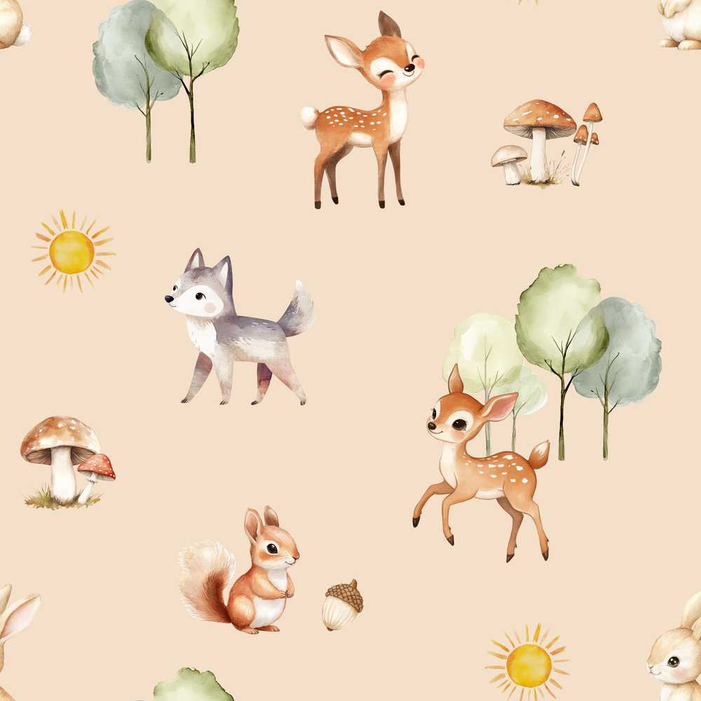 Cute Woodland Deer Fox Mushroom on Warm Beige Background