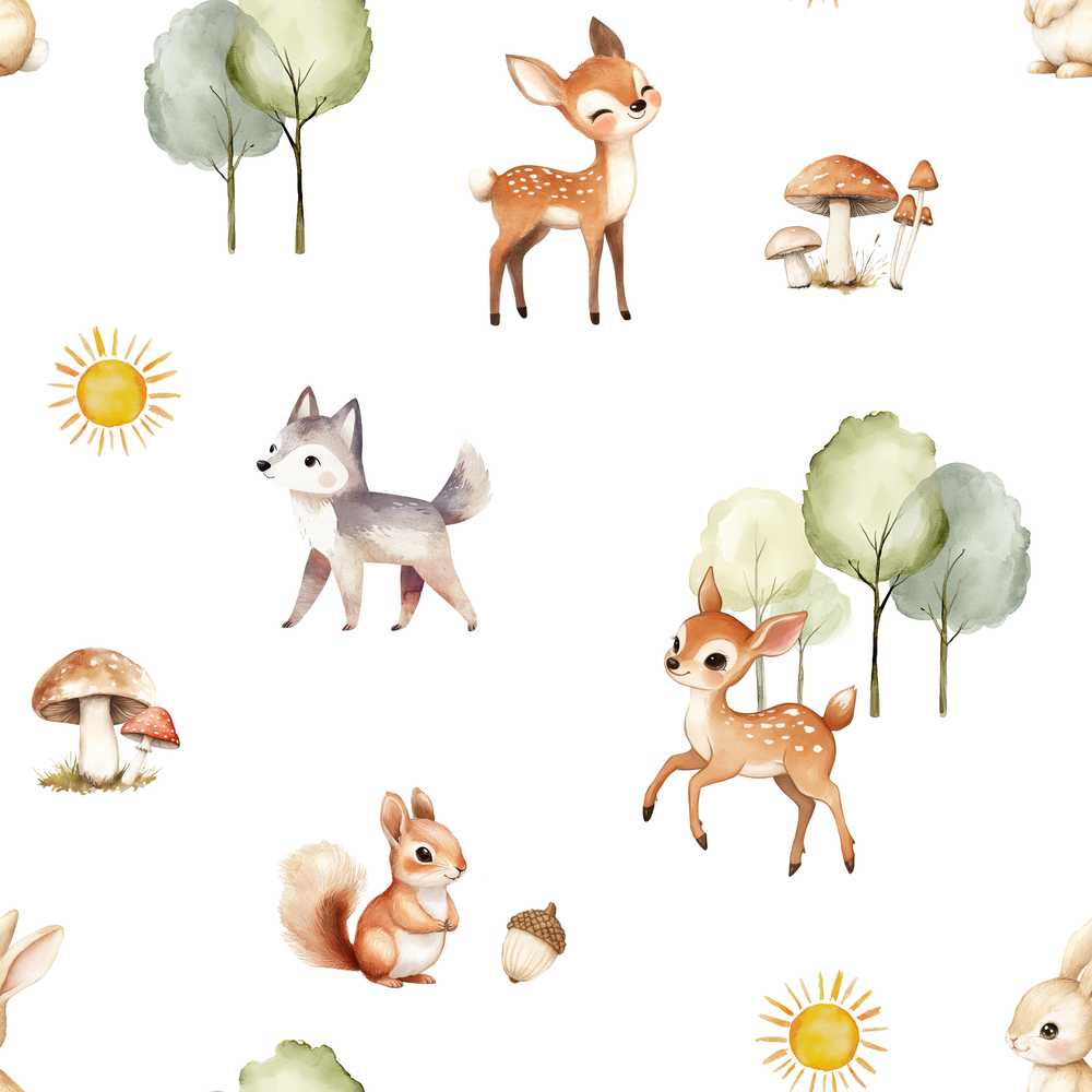 Cute Woodland Forest Animals Bear Bunny Deer Seamless on Blue