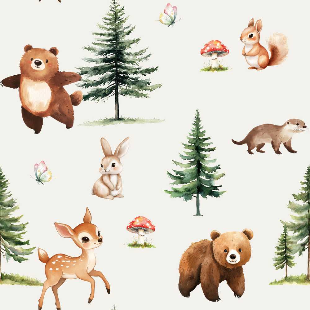 Cute Woodland Forest Animals Bear Bunny Deer on Soft Neutral