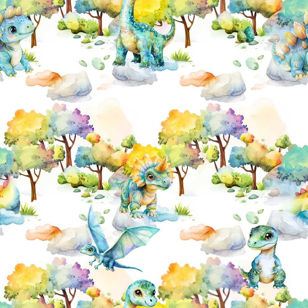 Watercolor Cute Baby Dinosaur Forest Illustration Repeat Pattern