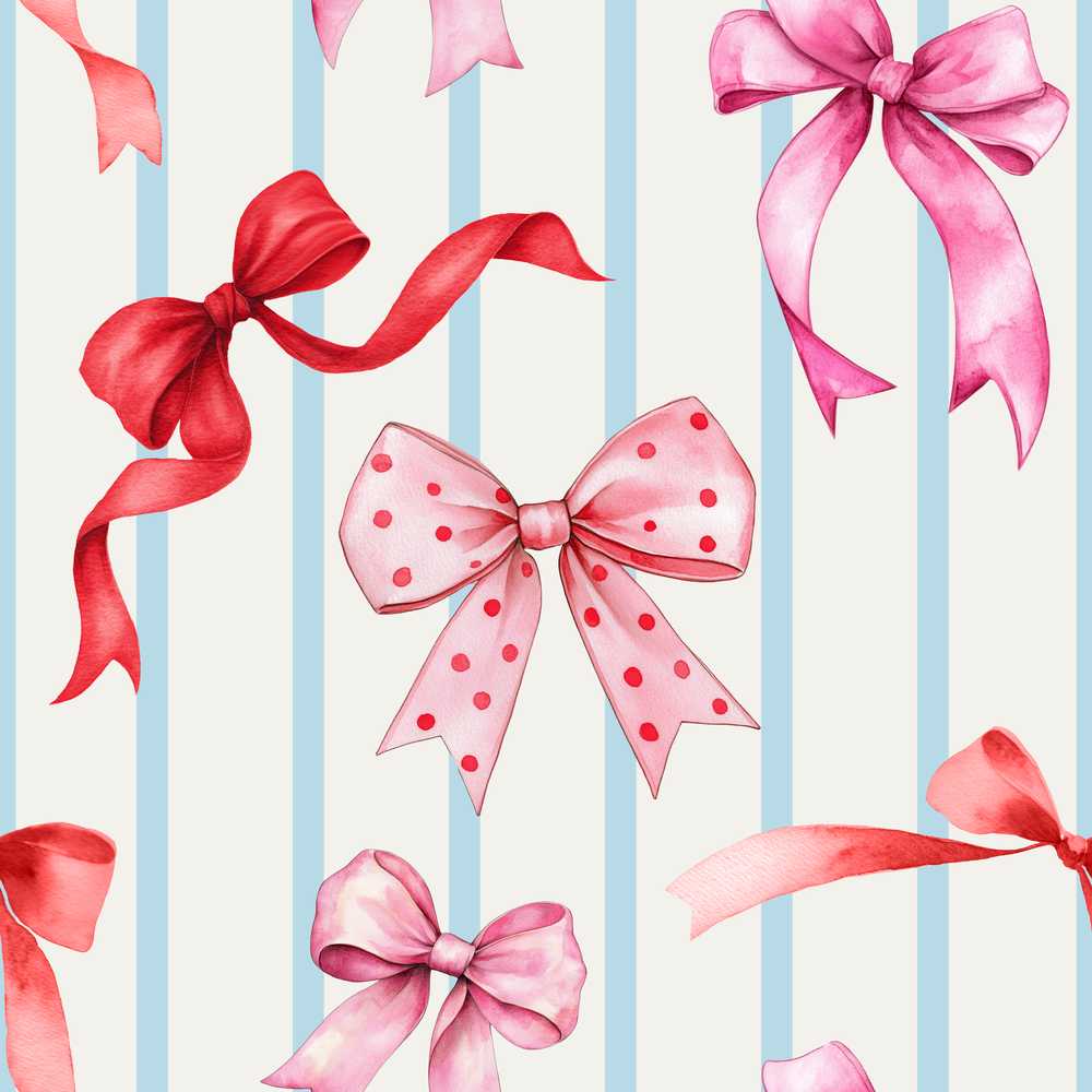 Watercolor Ribbon Bow on Blue Stripe Background Repeat