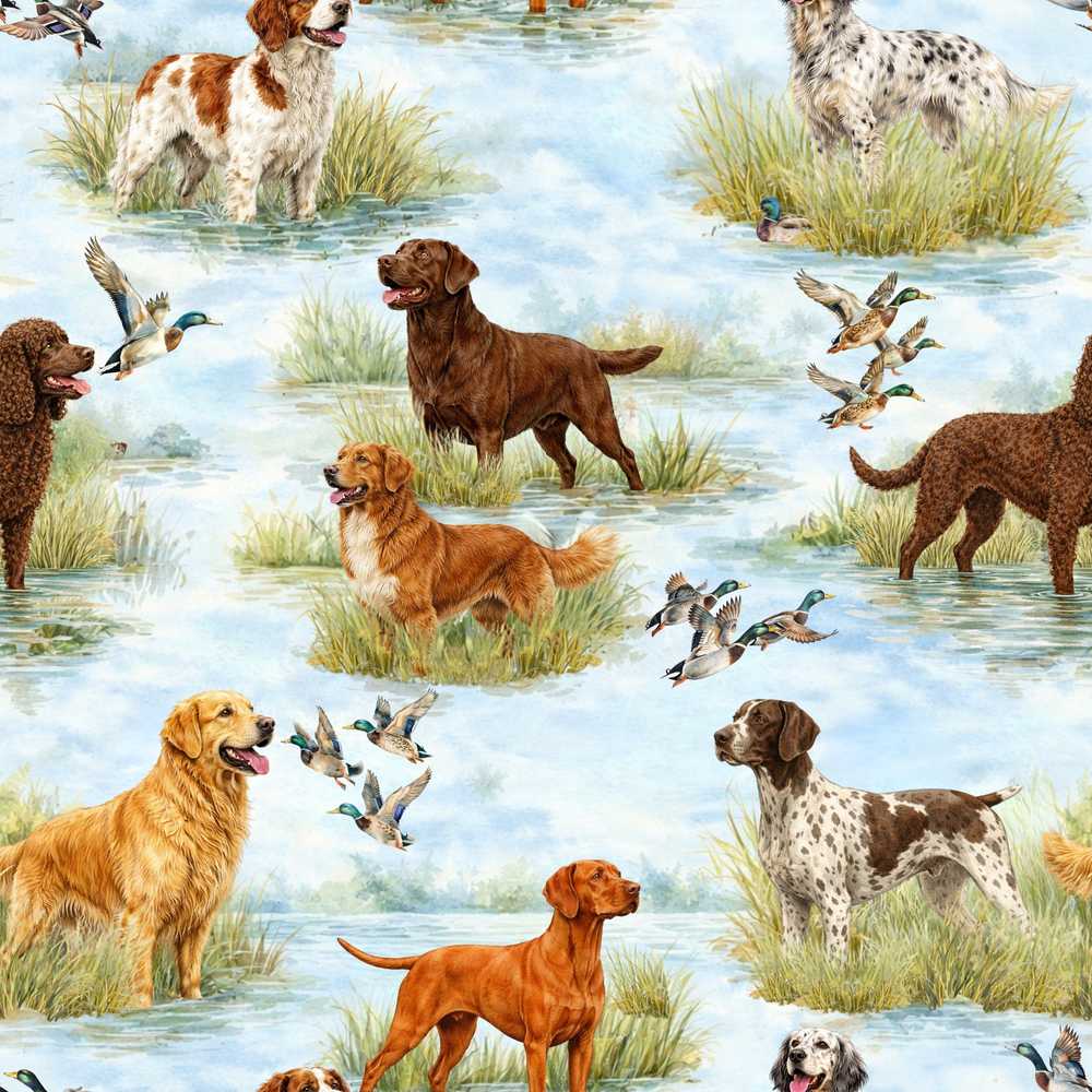 Watercolor Hunting Dogs Ducks Lake Nature Decorative Repeat