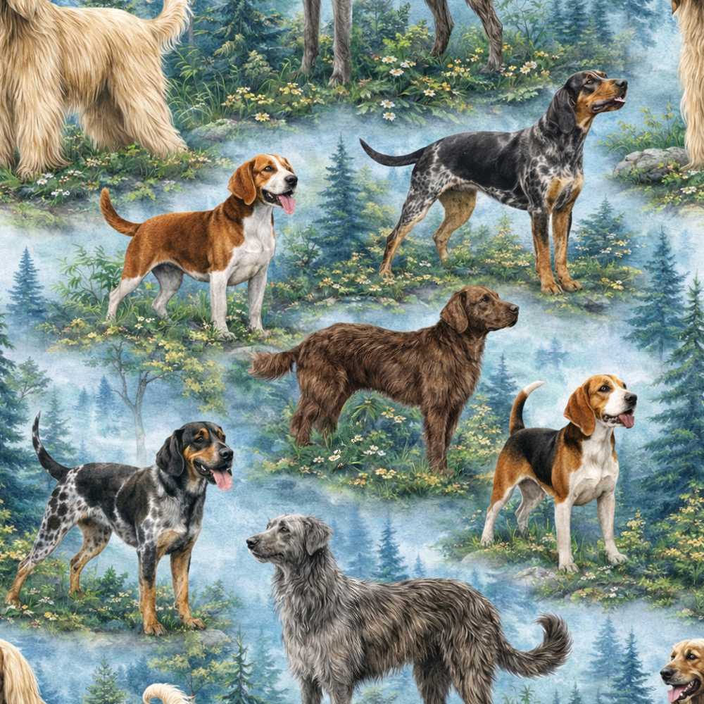 Watercolor Hunting Dogs Forest Nature Decorative Repeat Pattern