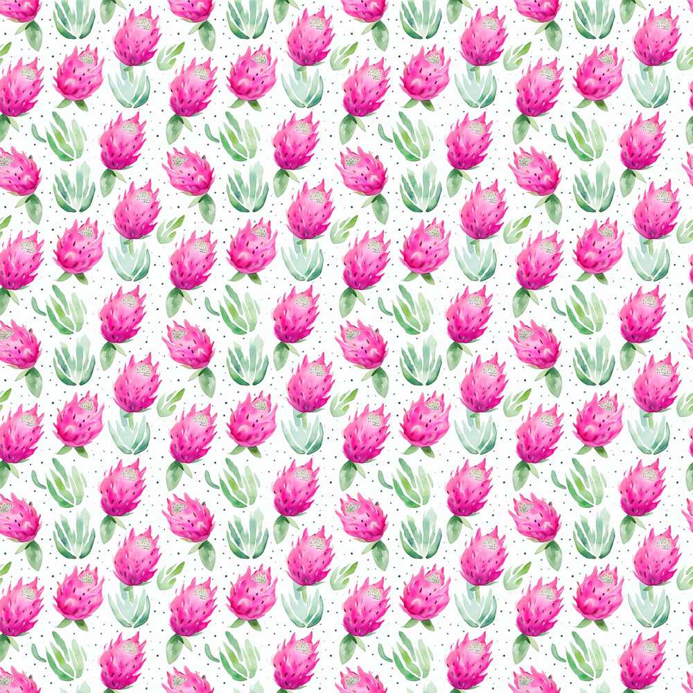 Watercolour Dragon Fruit with Green Leaves on Light Background