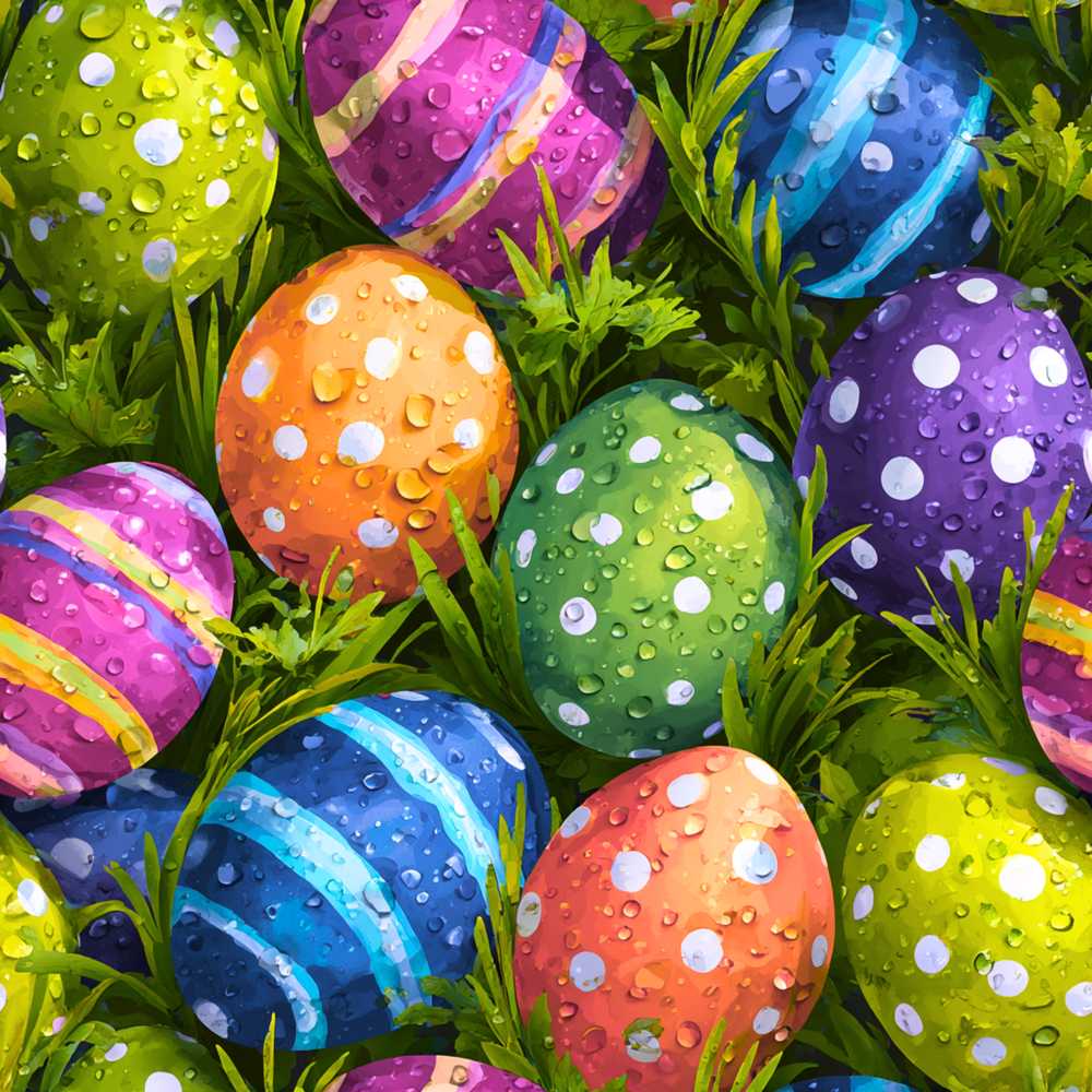 Colourful Easter Eggs with Polka Dots and Stripes on Fresh