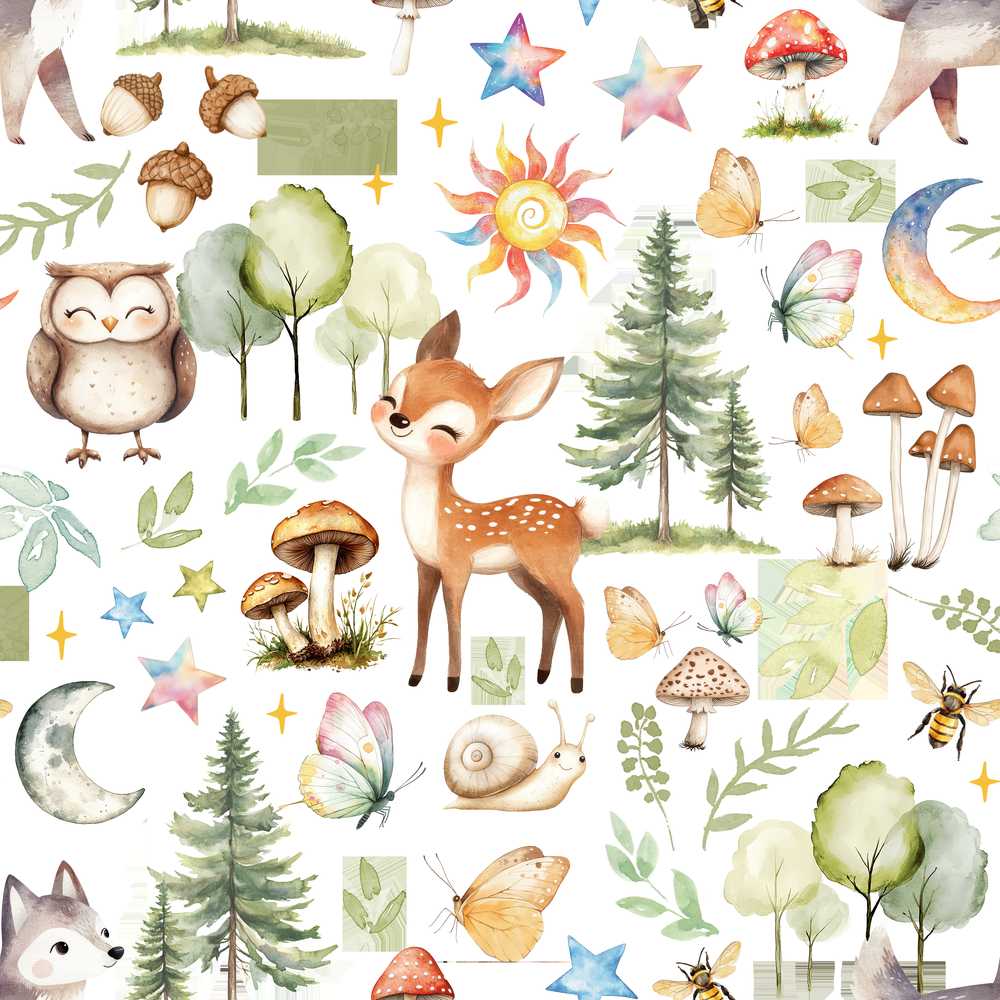 Cute Woodland Animals with Deer Owl Mushrooms and Forest Elements