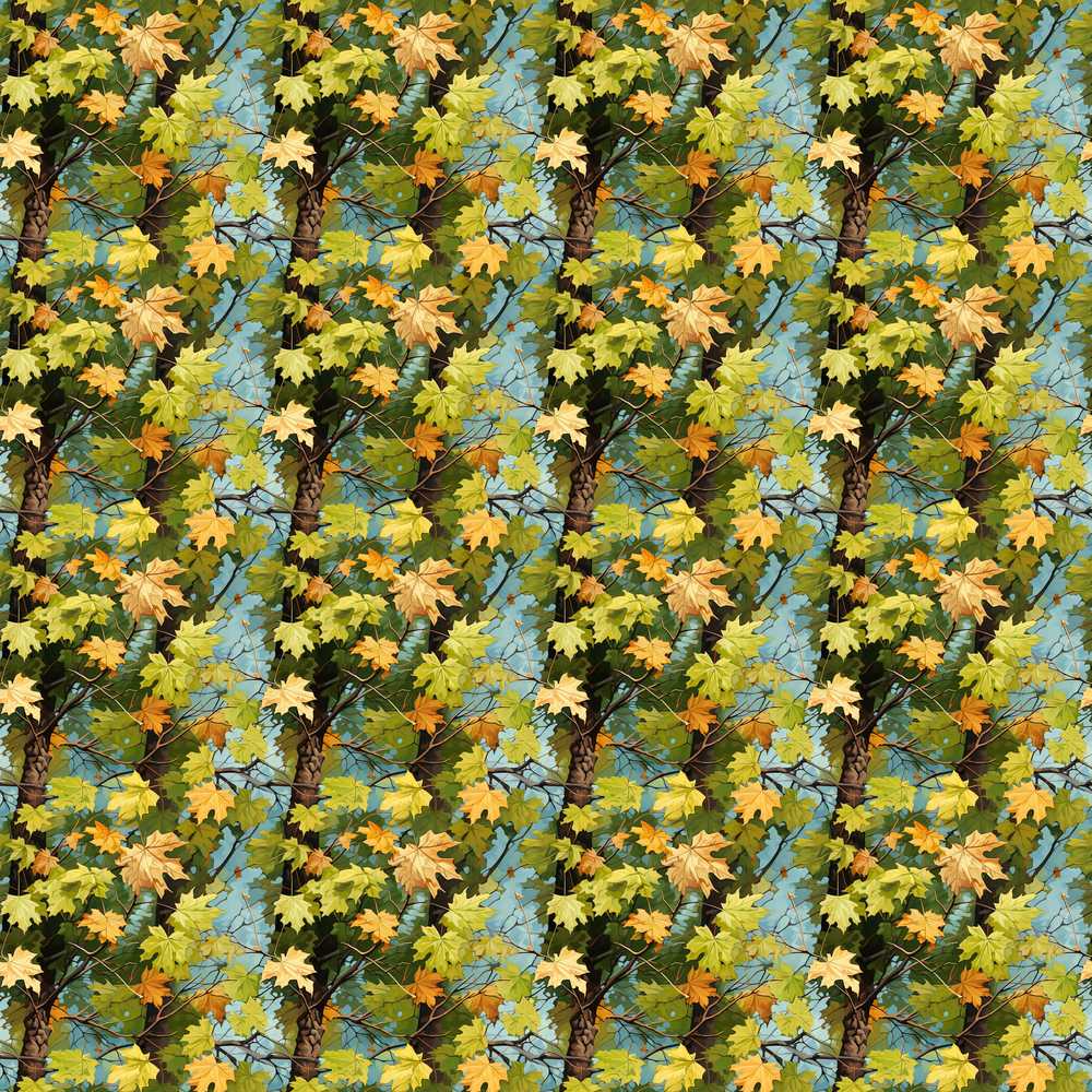Autumn Tree Branch with Green and Yellow Leaves on Blue