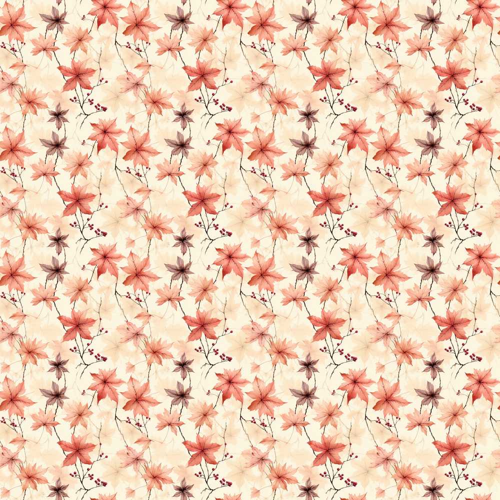 Delicate Coral Maple Leaves with Berry Branches on Cream Background