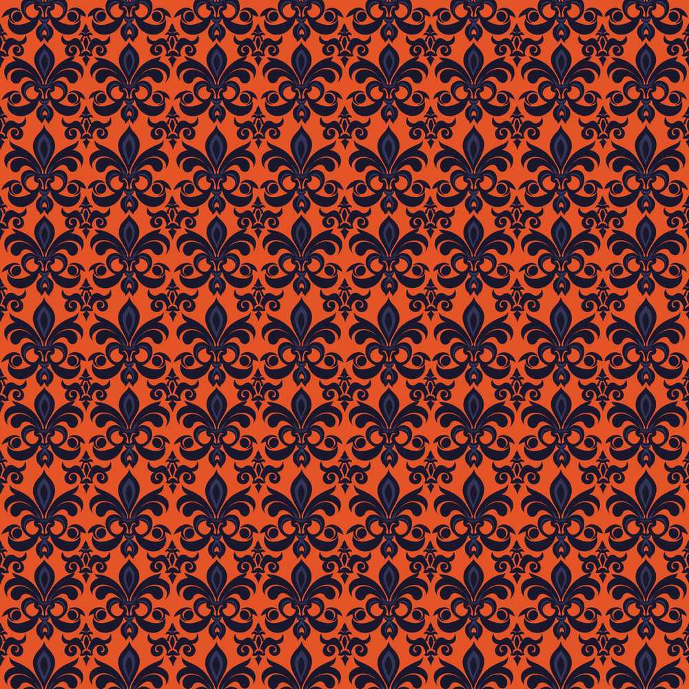 Dark Navy and Orange Floral Fleur de Lis Damask