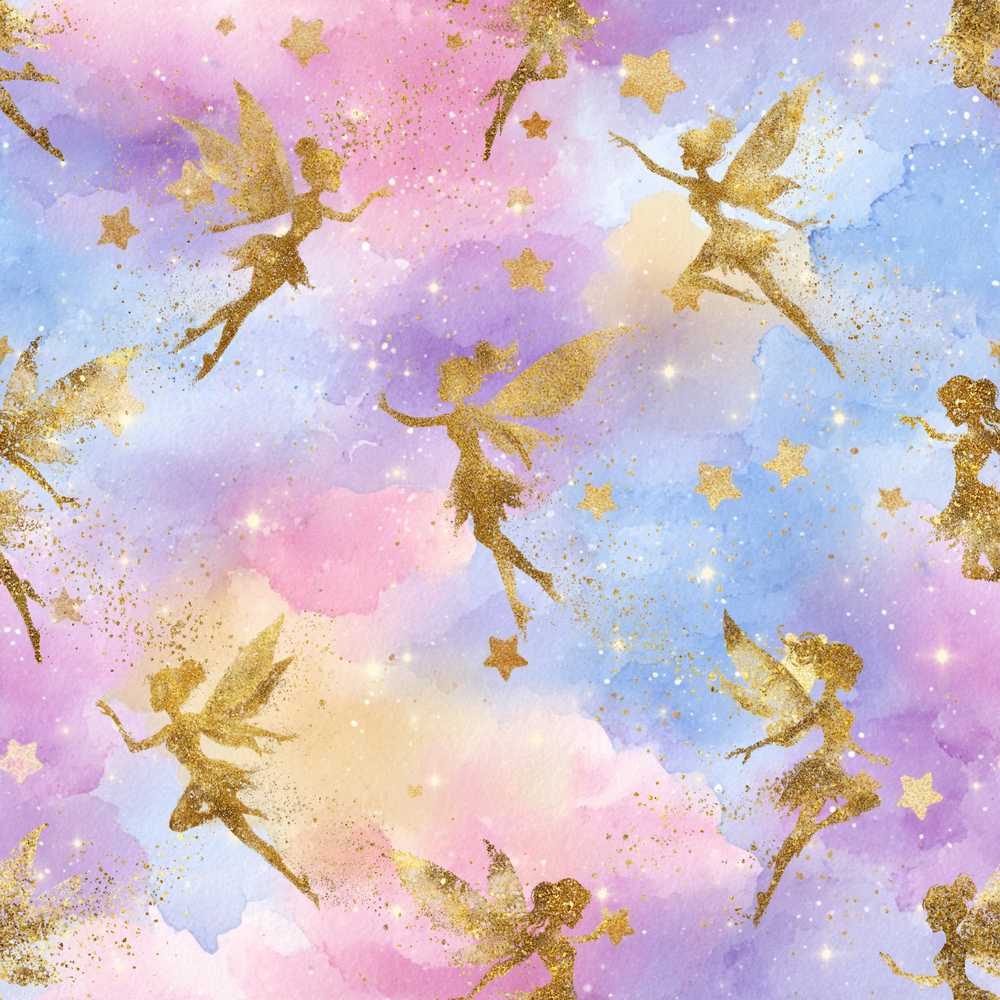 Magical Gold Fairy Silhouettes with Stars on Watercolor Sky Background