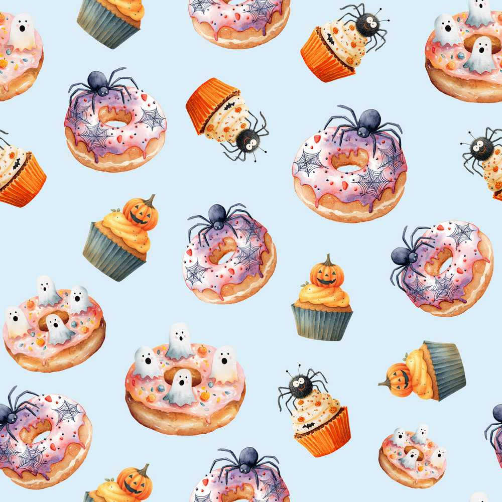 Halloween Donuts Cupcakes and Spiders on Blue Background