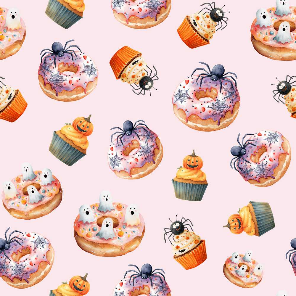 Halloween Donuts Cupcakes and Spiders on Pink Background