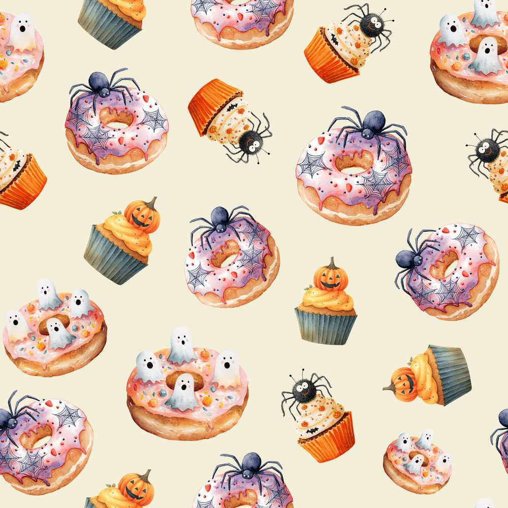 Halloween Donuts Cupcakes and Spiders Seamless on Light Beige Background