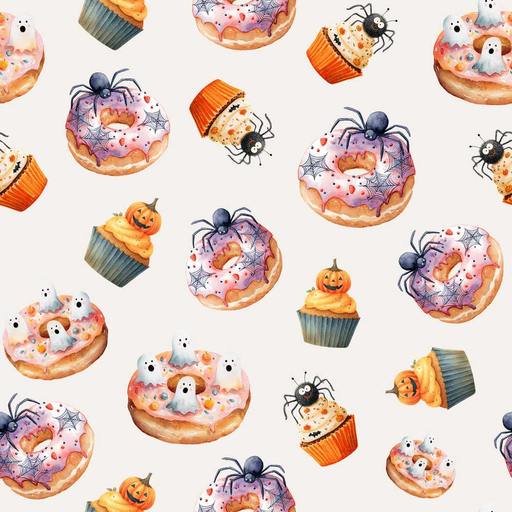 Halloween Donuts Cupcakes and Spiders on Neutral Grey Background