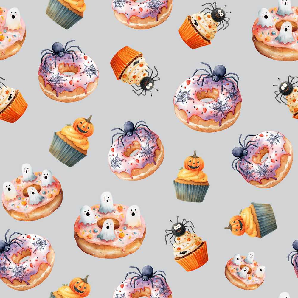 Halloween Donuts Cupcakes Spiders and Ghosts Cute Grey Background