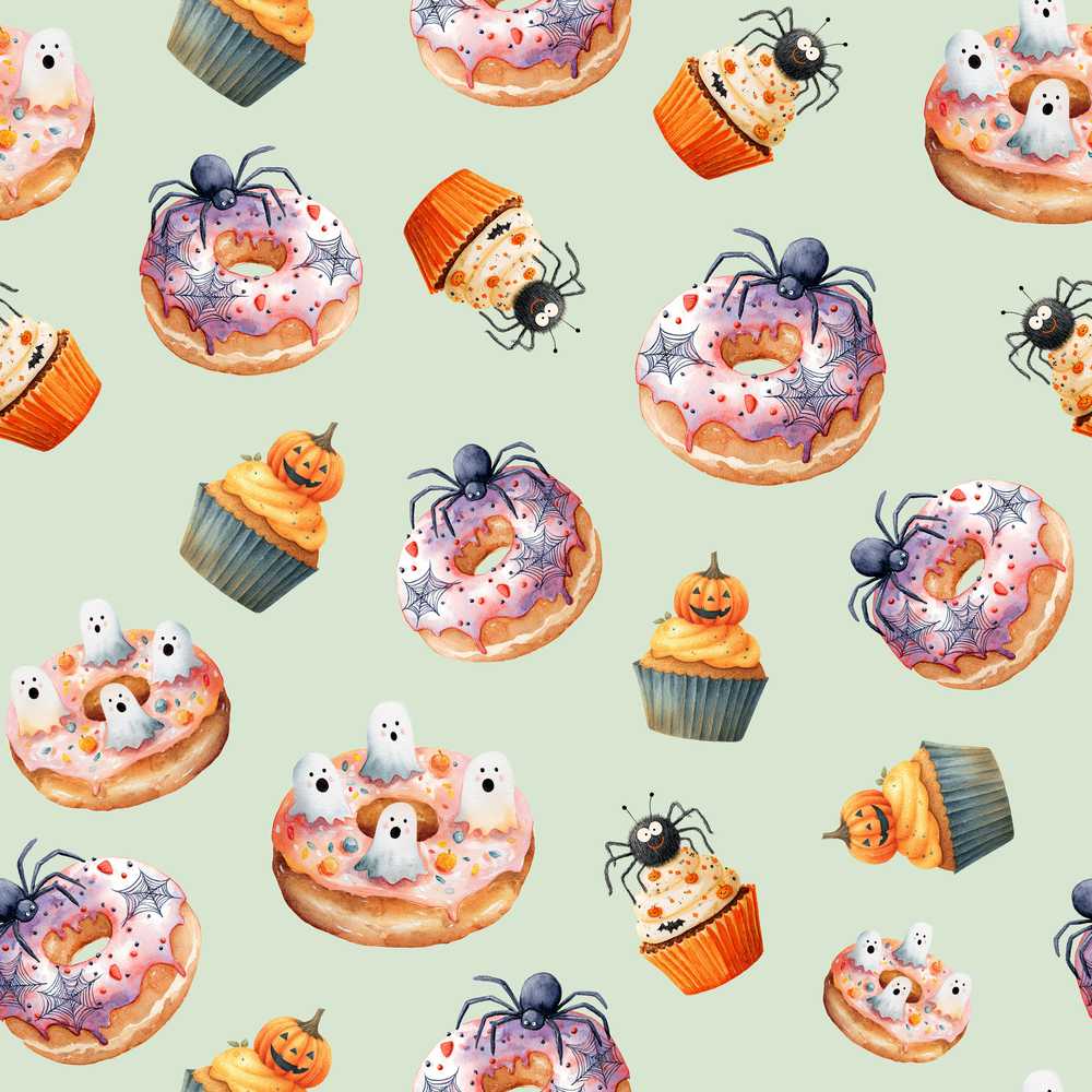 Halloween Donuts Cupcakes Spiders and Ghosts Cute Sage Green Background