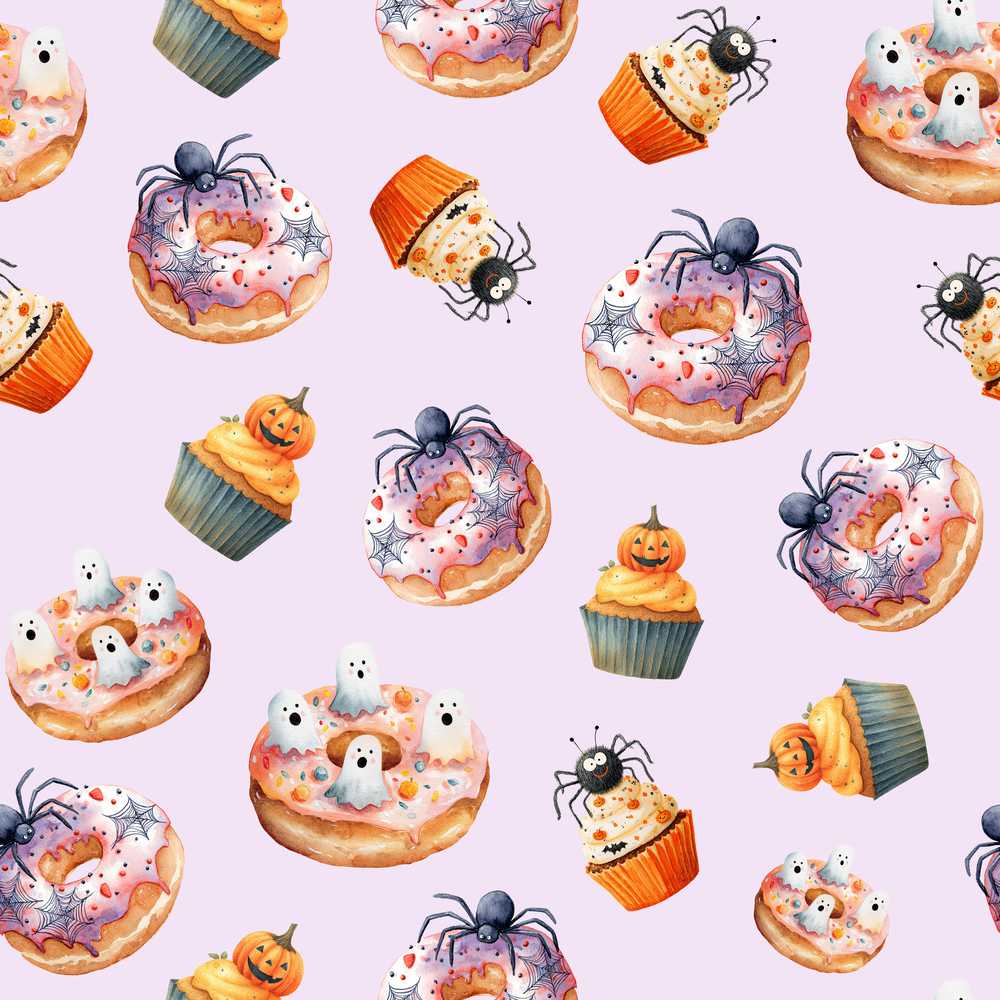 Halloween Donuts Cupcakes Spiders and Ghosts Cute Soft Lilac Background