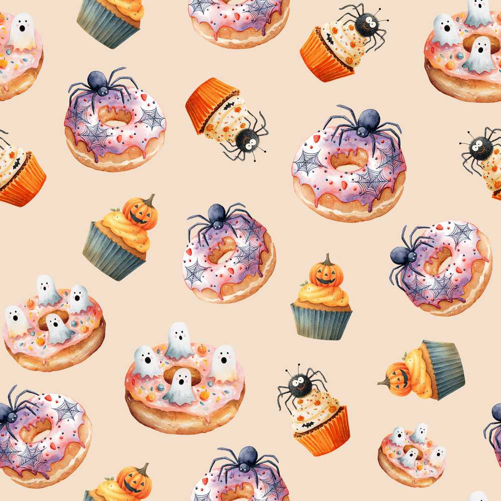 Halloween Donuts Cupcakes Spiders and Ghosts Cute Warm Beige Background