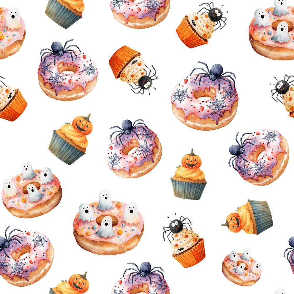 Halloween Donuts Cupcakes Spiders and Ghosts Cute Light Grey Background